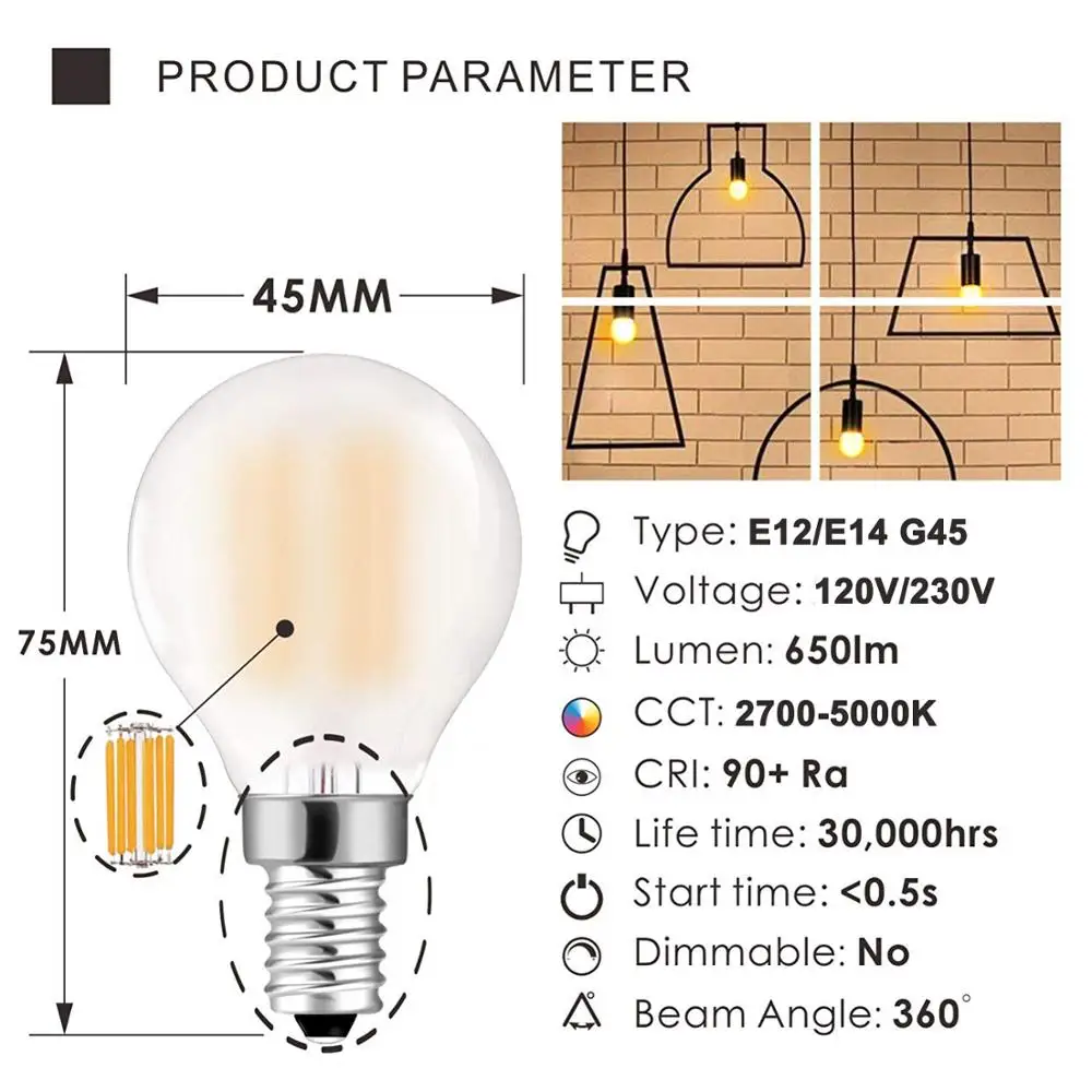 
6W 650LM G45 Frosted LED Filament Bulb E12 E14 E26 E27 B22 Decorative Globe LED Bulbs 2700K 3000K 4000K 5000K 