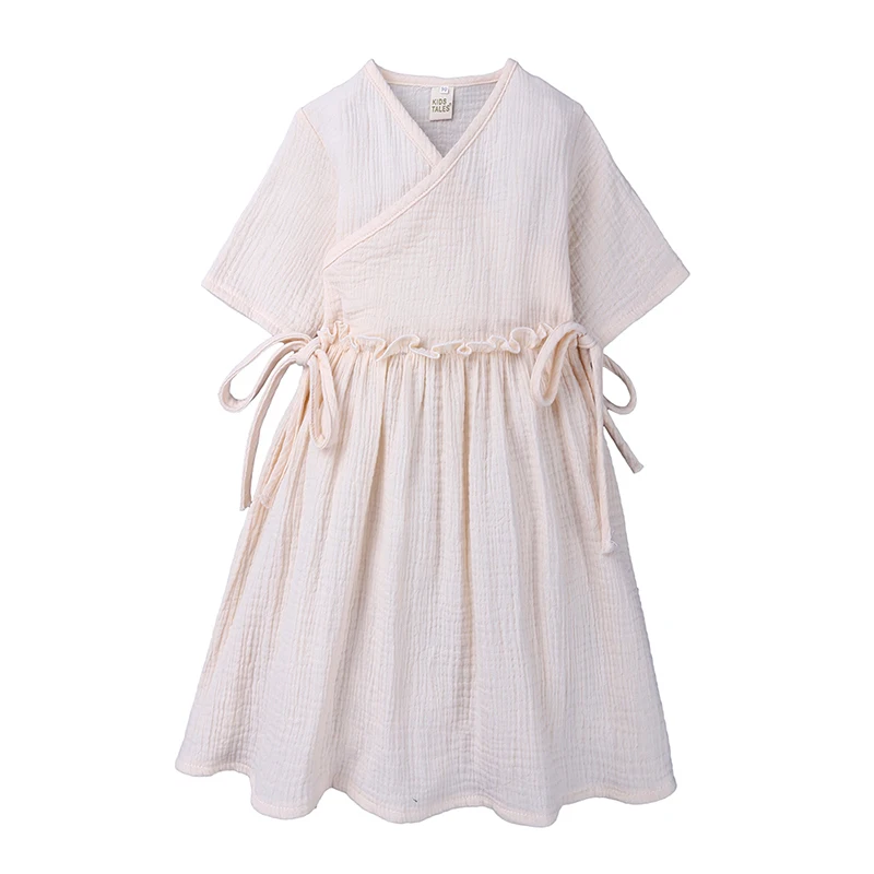 Wholesale baby girls clothes short sleeves linen smocked dress summer girl dresses