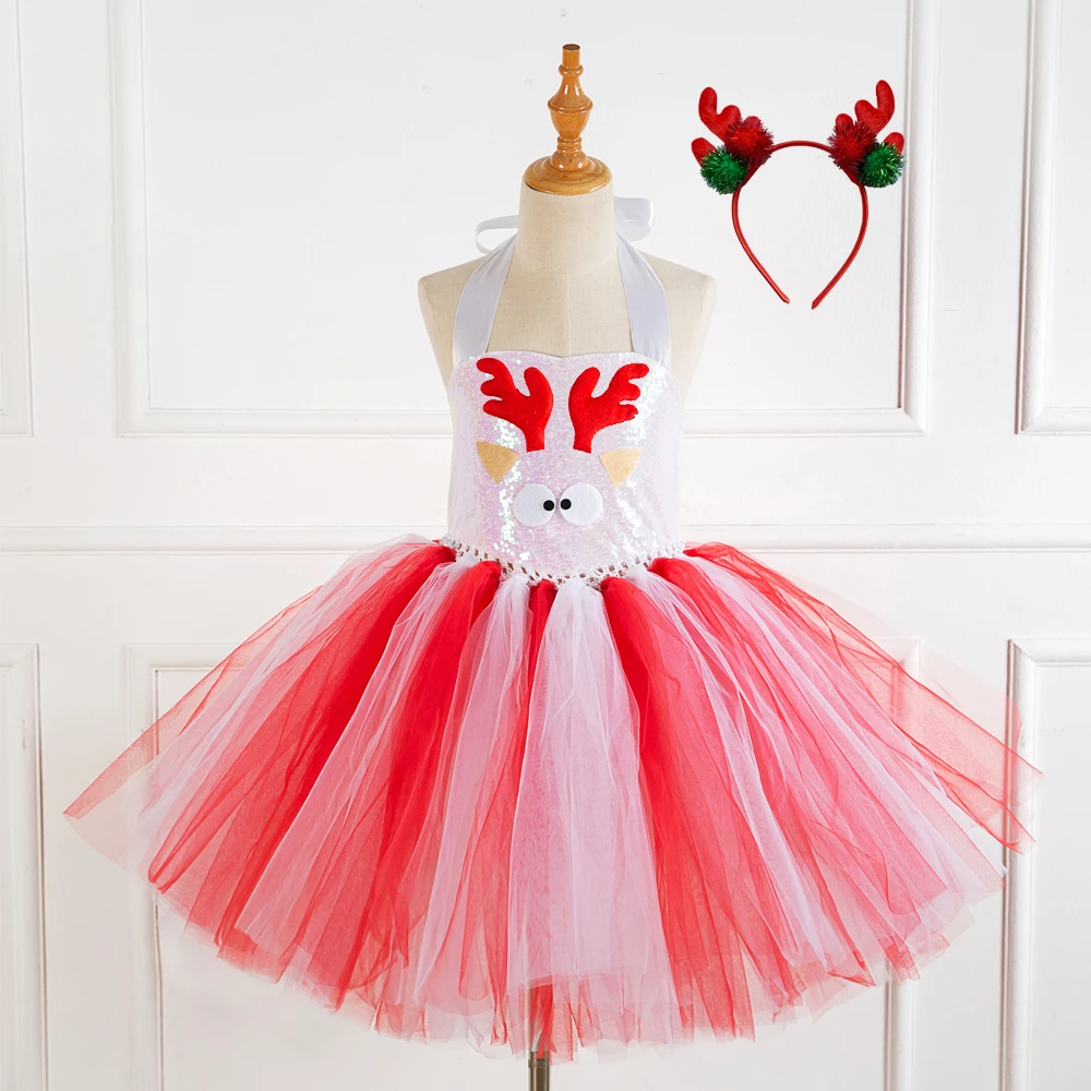 Kids Christmas Elk Reindeer Antlers Headband  Sequin Party Dress Tutu Prom Pageant Dresses SX-HD93422-93426