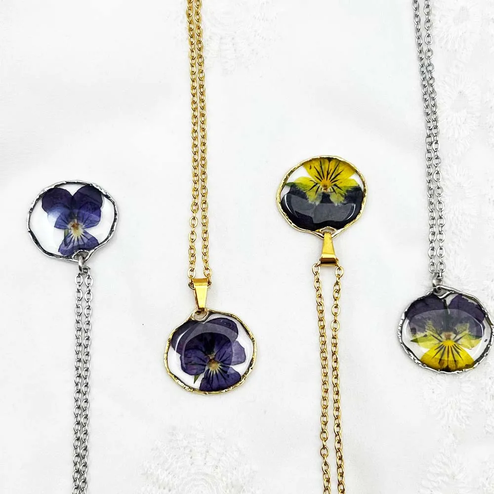 Stainless Steel Custom Pansy Pendant Real Dry Flower Necklace