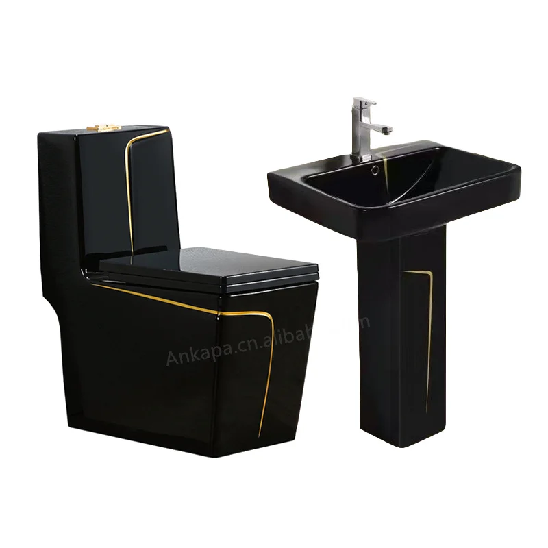 Hot sale sanitary ware gold line design bathroom one piece square black toilet bowl and sink ceramic toilet set