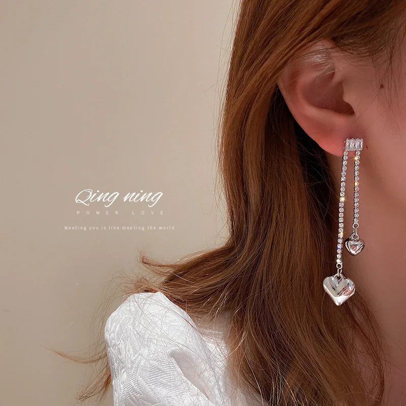 Jewelry 925 silver needle Korean fashion new style personality tassel asymmetry inlaid diamond Love Earrings long earrings