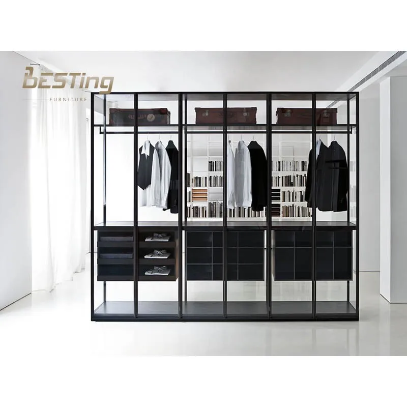 King size bedroom set with white tempered glass wall shelving system air dressing Wardrobe cabinet