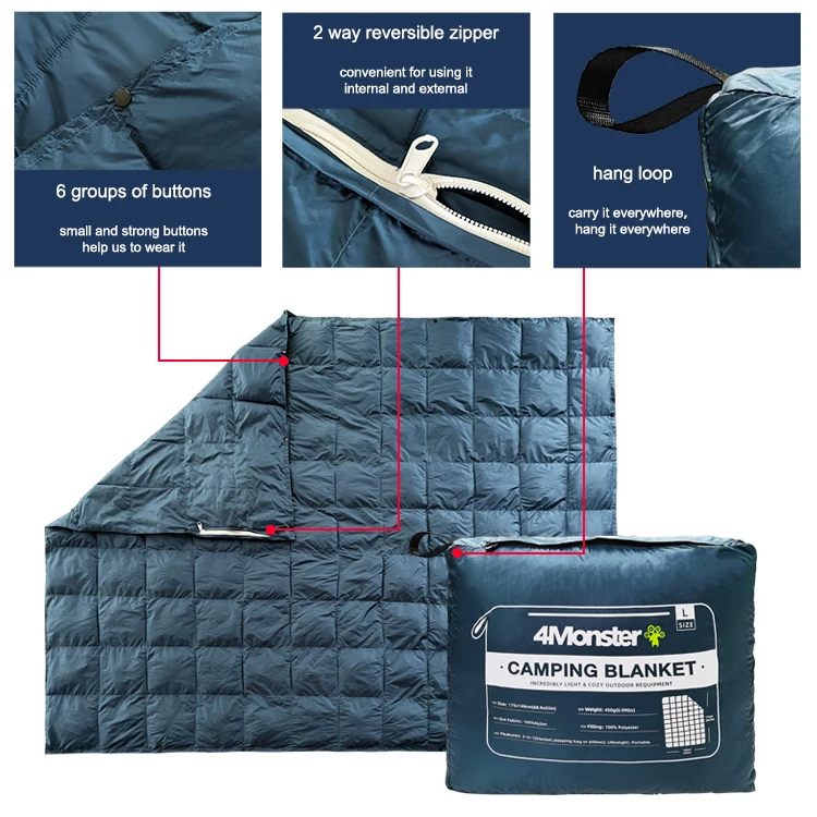 Factory Direct Price Recycled Material Outdoor Packable Printed Throw Down Puffy Camping Blanket Airplane Blanket With Pocket