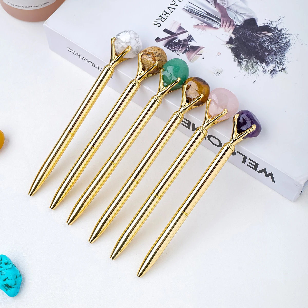Wholesale Tumble Stone Pen Ink Pens Gold Metallic Crystal Pens Ballpoint With Custom Logo Office Student Gift