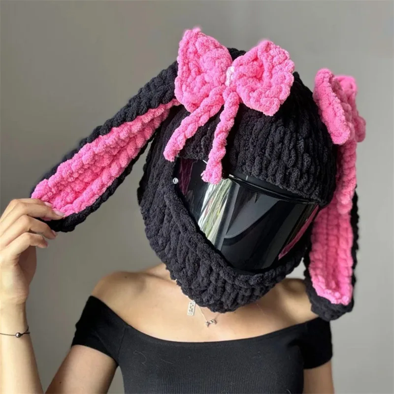 66 Models Bunny Balaclava Motorcycle Helmet Cover, Handmade Knit Motorbike Helmet Covers Mask/