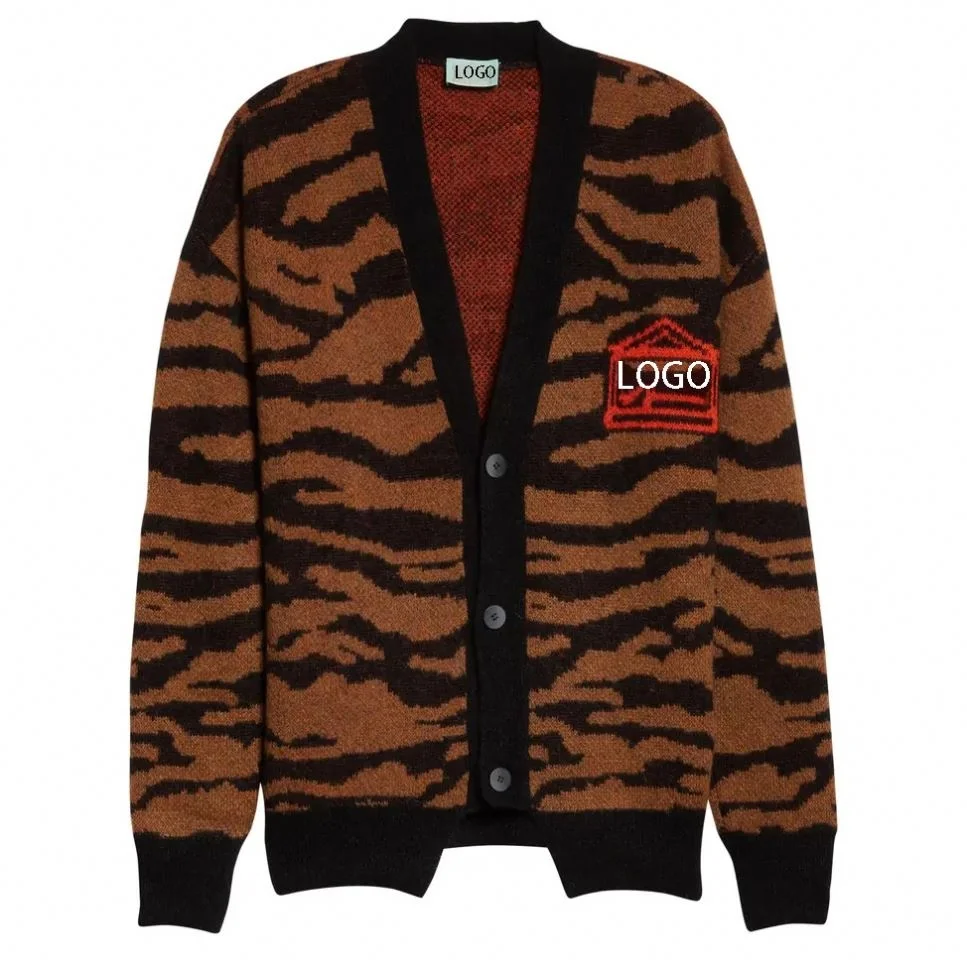 Custom Logo Knit Loose Fit Tiger Stripe 100% Wool Jacquard Cardigans Knitwear V Neck Cashmere Mohair Sweater Cardigan For Men