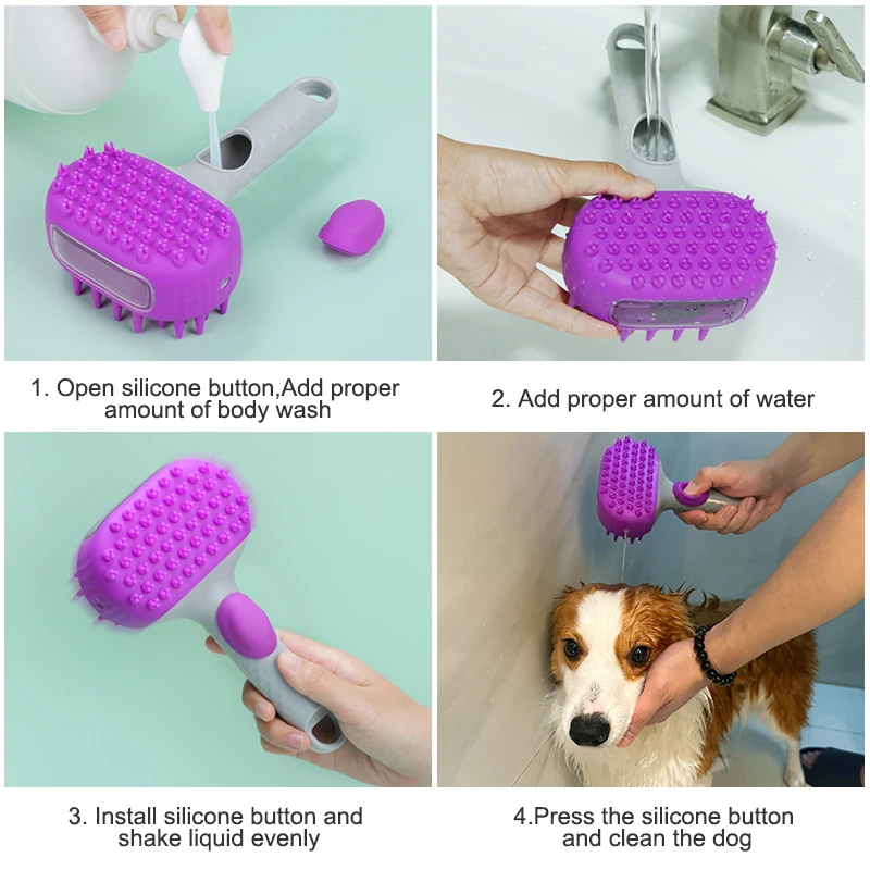 Silicone Pet Cleaning Shower Shampoo Dog Grooming Massage Bath Brush For Dogs With Soap Dispenser