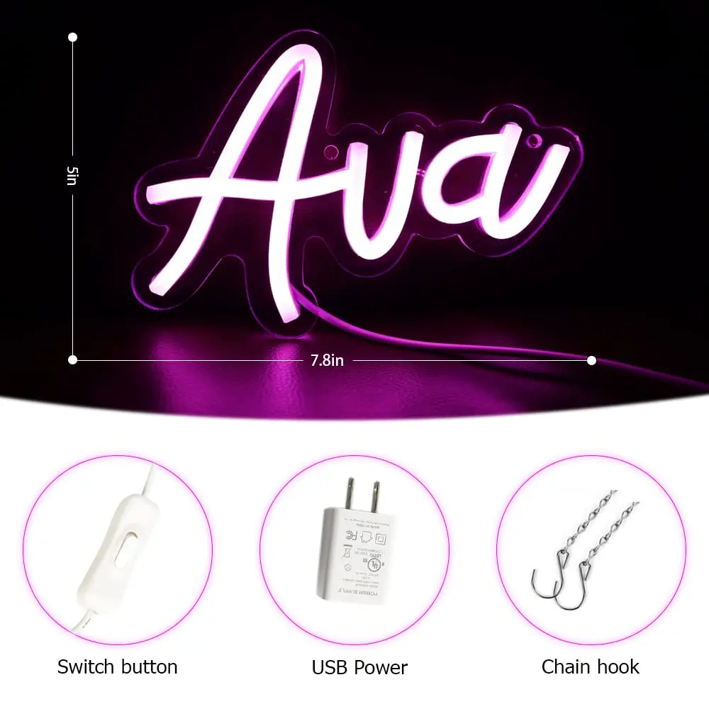 Ava Neon Sign Personalized Name Tags for Room Decor Aesthetic,Led Neon Sign for Bedroom,Light up Wall Decor