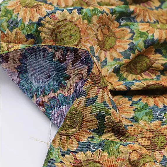 Vintage Oil Painting To Sunflower Jacquard Fabric Luggage Clothing Fabric Decorative Cloth