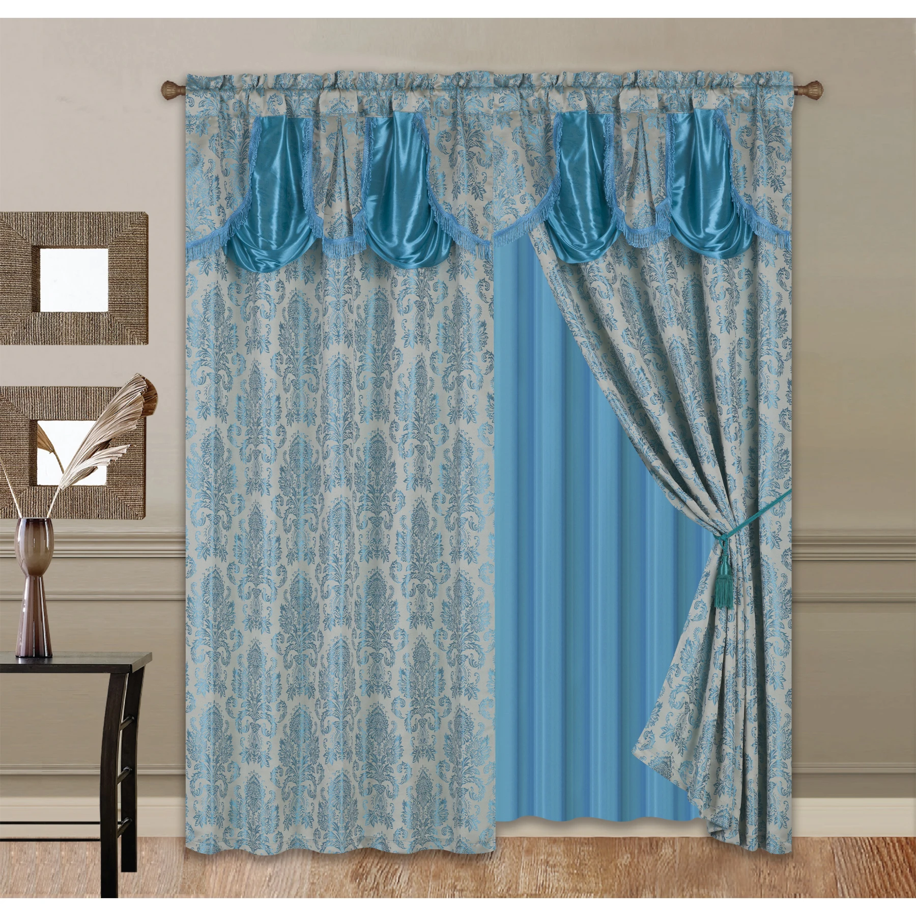 HOT SELLING LUXURY 2PCS JACQUARD WINDOW CURTAINS WITH SATIN VALANCE AND TASSELS FOR BEDROOM AND LIVING ROOM
