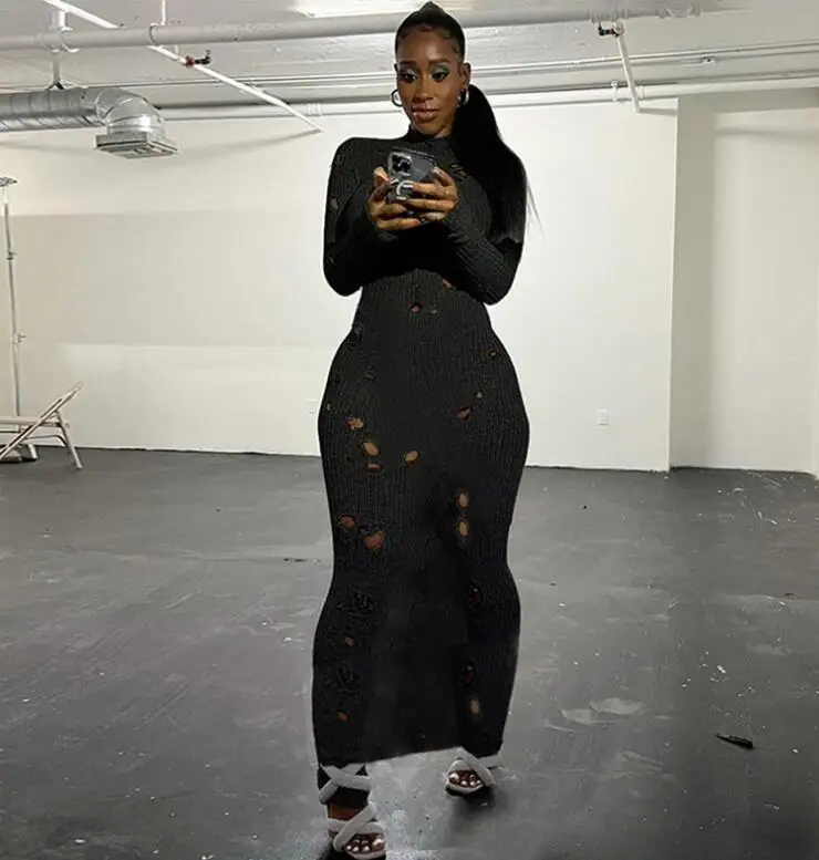 New Fashion STOCK 2Colors y2k Clothing Long Sleeve Casual Sexy Club Cut Out Crochet Knitted One Piece Dresses Women
