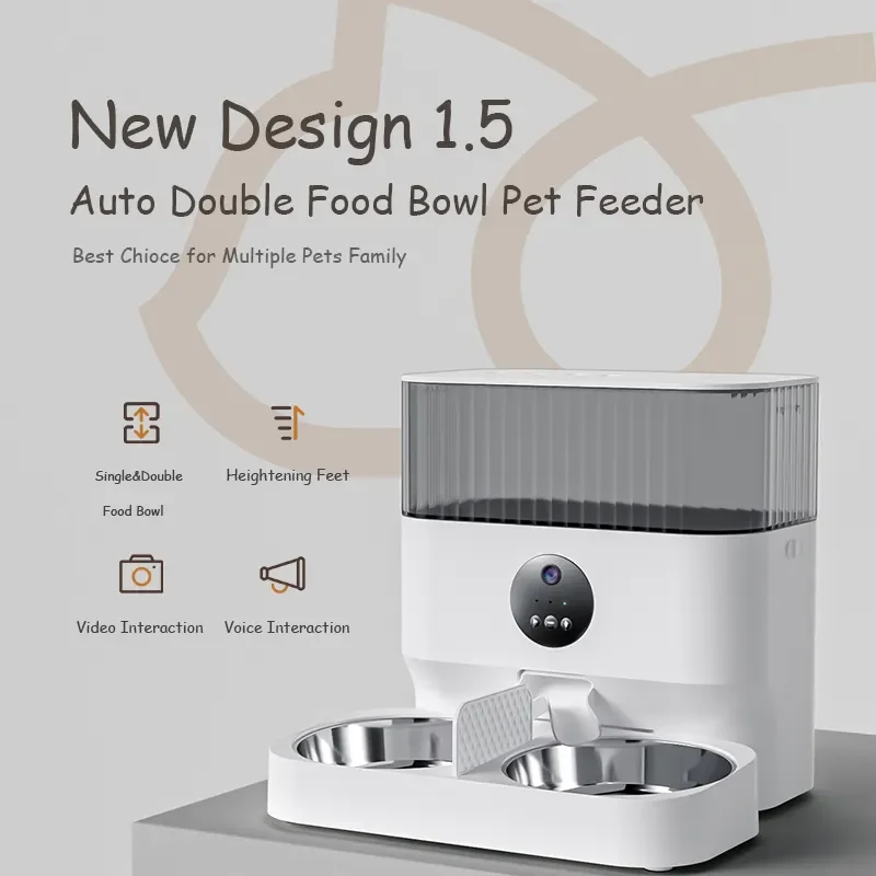 Two High Risers Stainless Steel Double Food Bowl Smart Pet Feeder Wifi  Automatic Cat Dog Feeder Camera