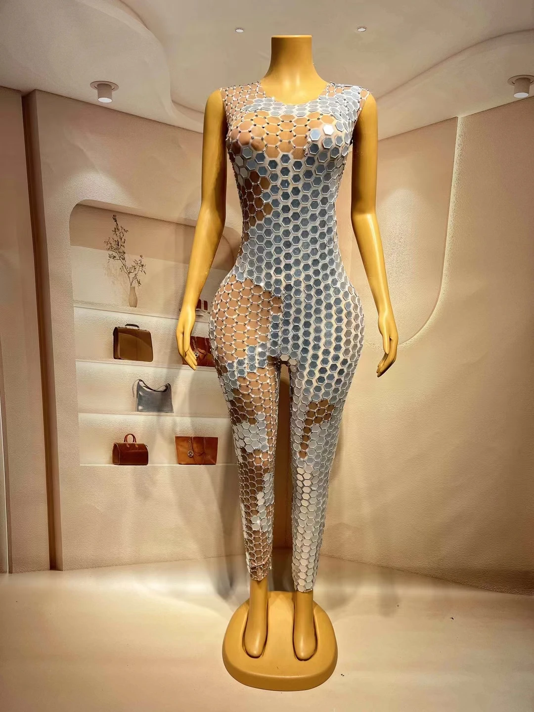 Shiny Sleeveless Glitter Sequin One Piece Bodysuit Slim Fit Rompers Pole Dance Leotard Plus Size Women Party Rhinestone Jumpsuit