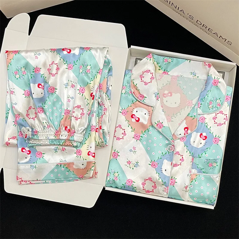 Wholesale high quality ins Hello Sanrioed Cute Long Sleeve Ice Silk Pajamas Girls Girls Cartoon  Kitty Home Clothes Set