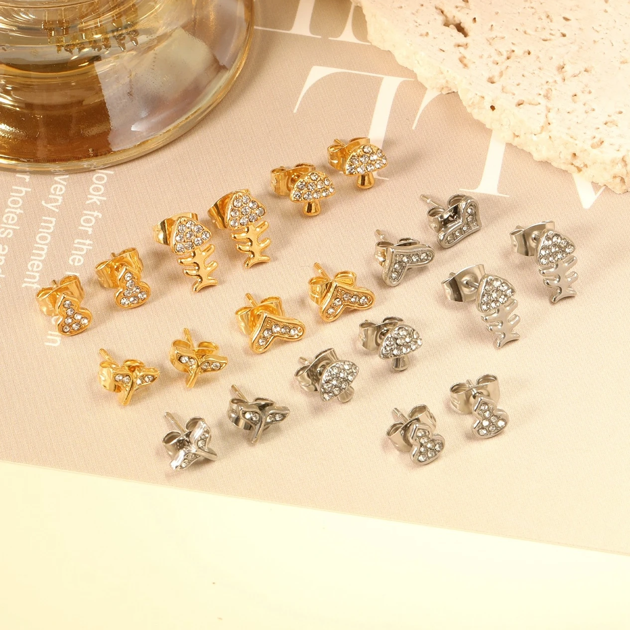 Ason 316L Stainless Steel Stud Earrings Small Stud Earrings Simple Waterproof Cubic Zirconia 10 Pairs of Geometric Stud Earrings