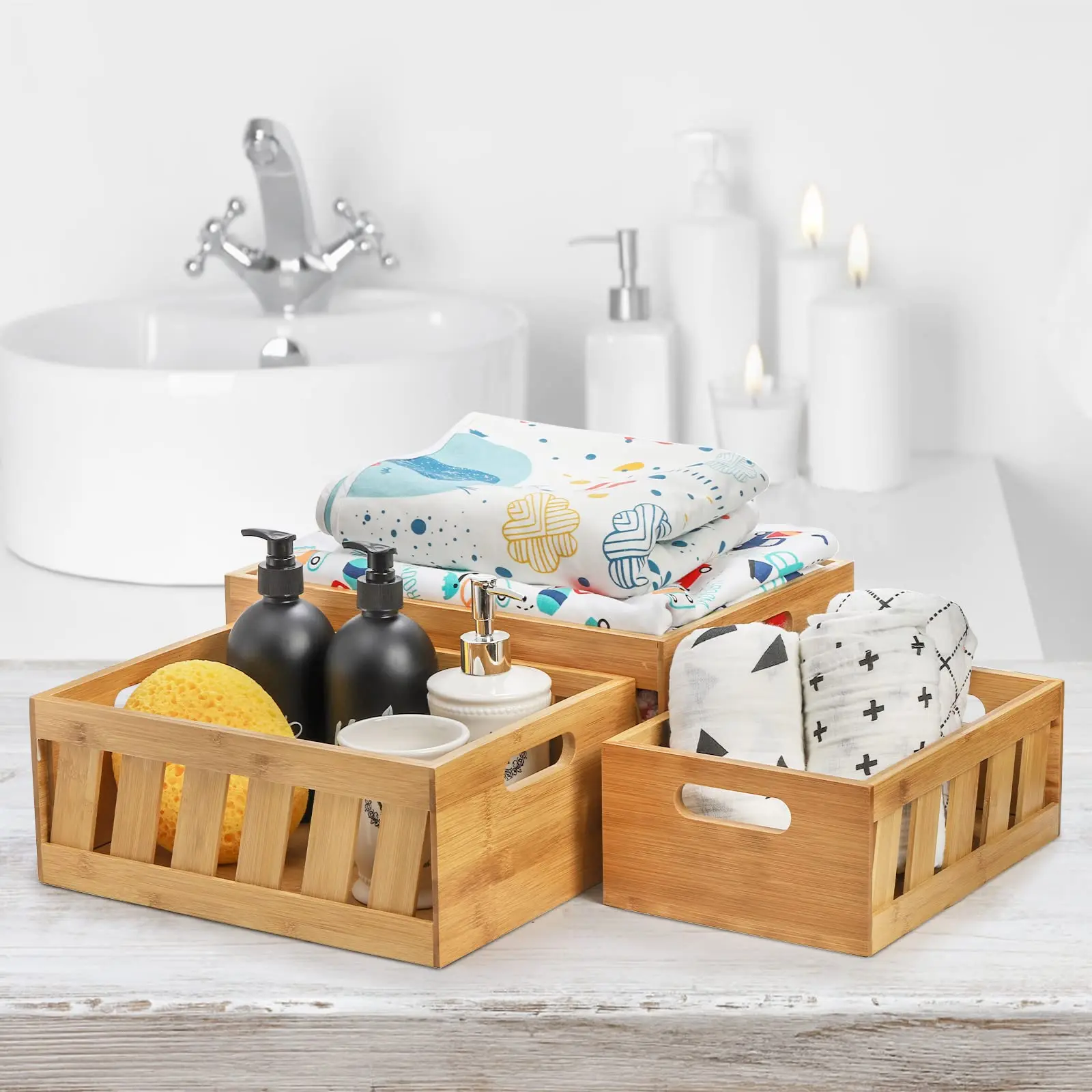 Set of 3 Bamboo Nesting Storage Crates, Rustic Decorative Wooden Crates Storage Container with Handle, Farmhouse Style Wood Box