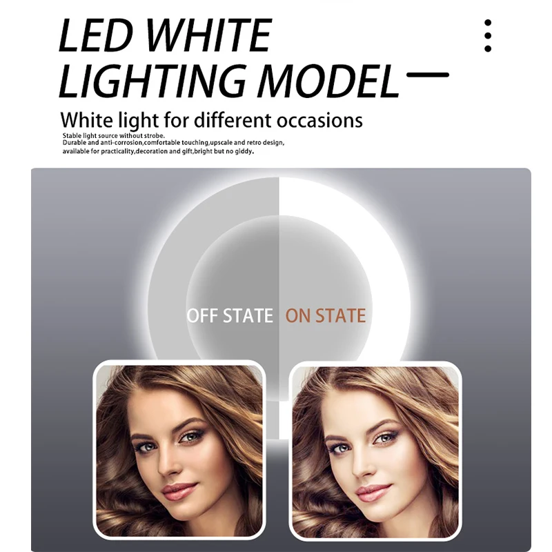 quality customized round led smart makeup mirror desk Adjustable metal Stand table led lighted vanity makeup mirror with lights