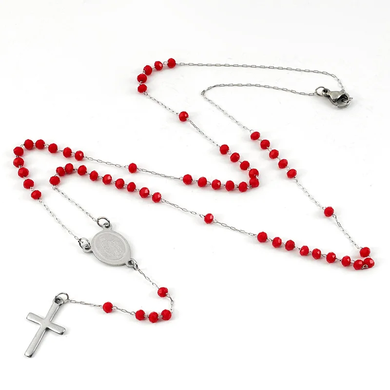 Нержавеющая сталь Религиозные ювелирные изделия крест кулон четки ожерелье с 3 5 мм 6 Красный Синий Черный Кристалл бусины