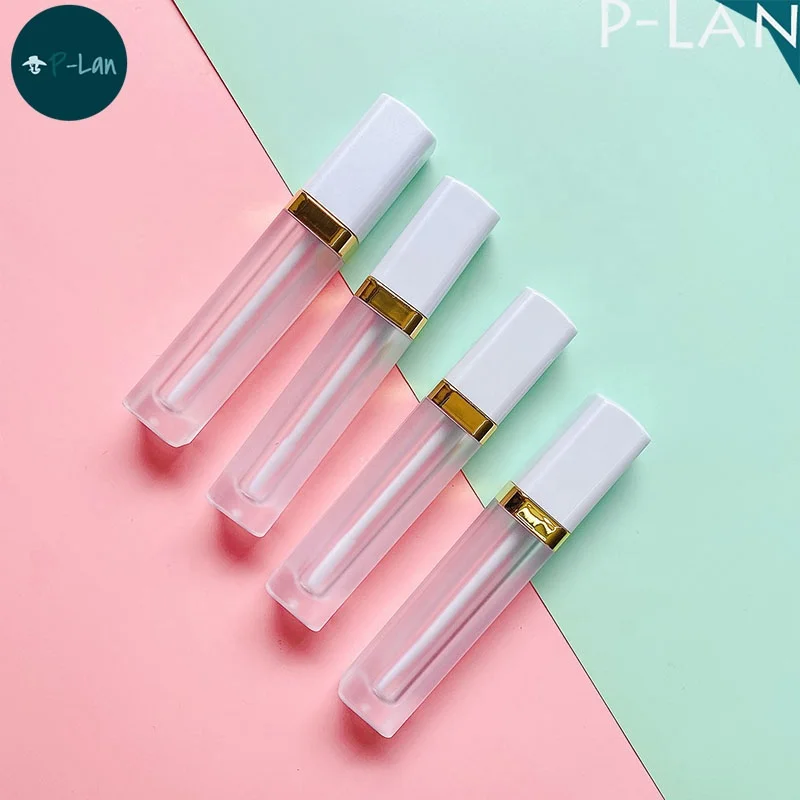 P-Lan Brand Stock 100pcs 4ml Pearl White Top Frosted Liquid Lipstick Tubes Custom Logo Empty Square Lip Gloss Tube With Wand