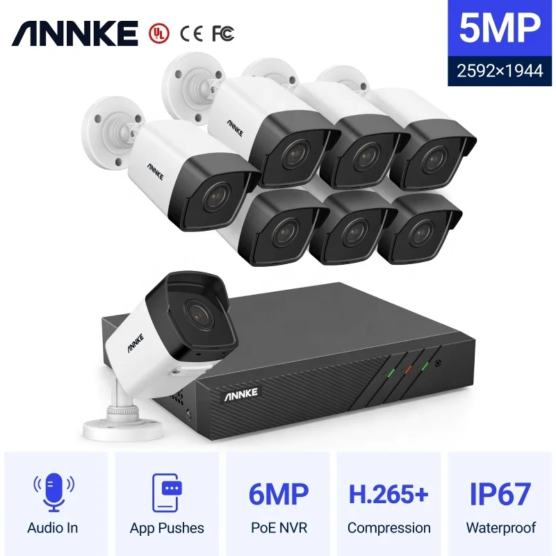 ANNKE H.265+ 8CH 5MP PoE NVR Security Camera System 8pcs IP Outdoor Waterproof CCTV Cameras With 1-Way Audio