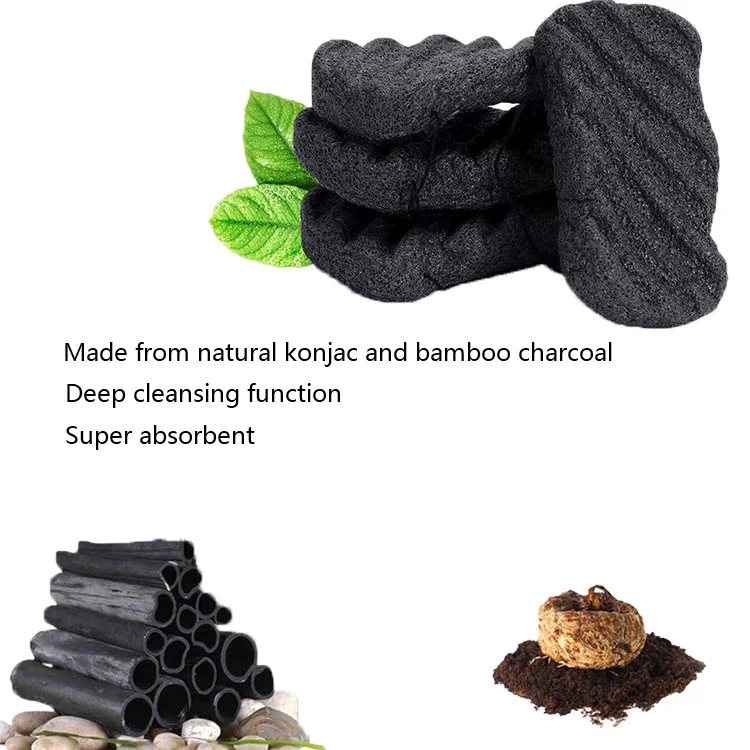 Wholesale Natural Activated Bamboo Charcoal Black Organic Facial Konjac Sponge For Women
