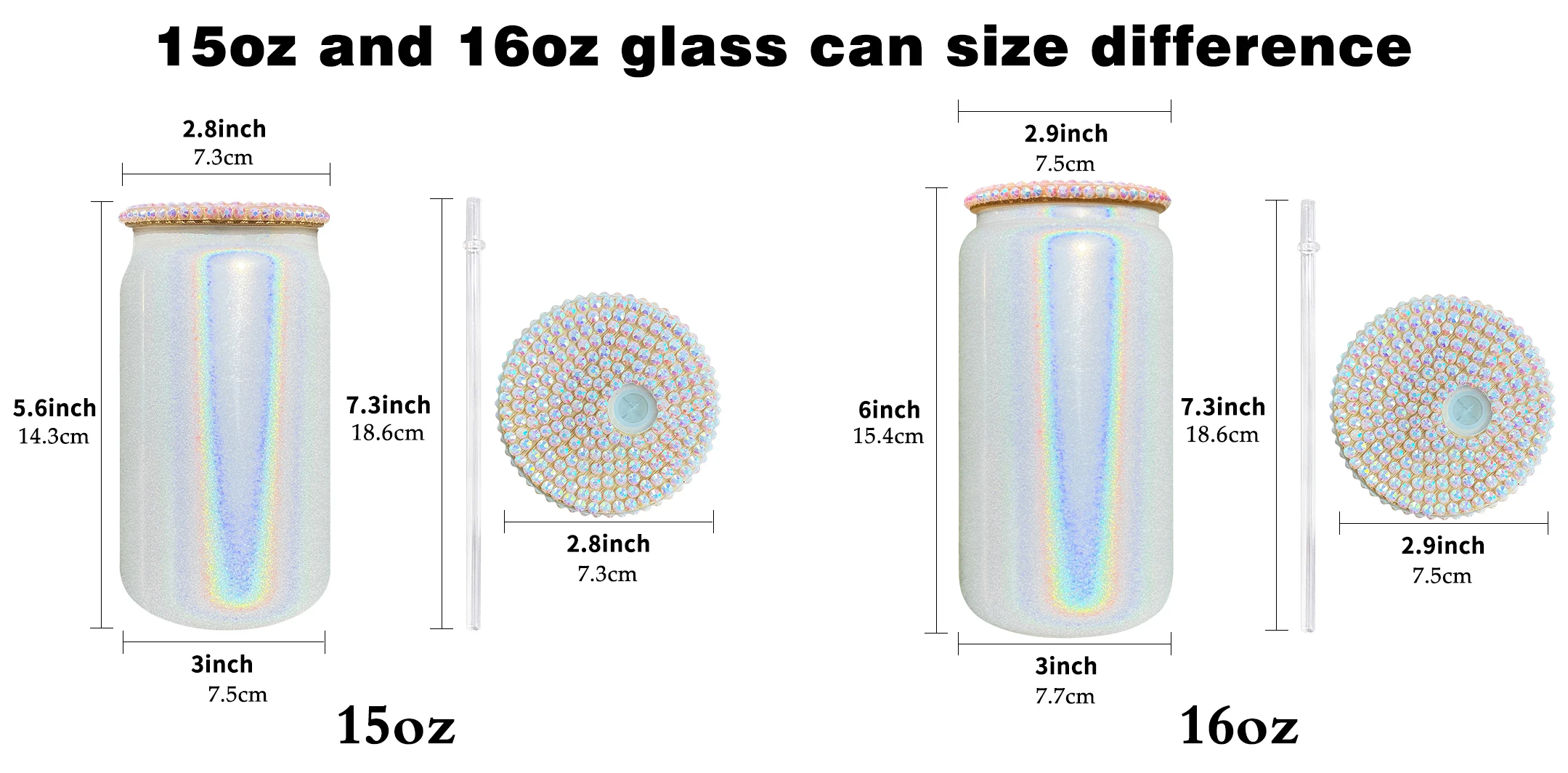 Wholesale Bulk 15oz 16oz bling lid sublimation shimmer glass can with bling lids and straws for Sublimation Heat Transfer