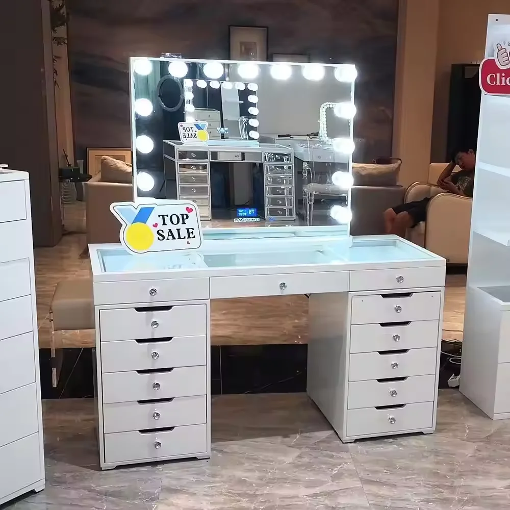 Latest Arrival Durable OEM House Hold 13 Drawers Cheapest Makeup Station Vanity Table With Lighted Mirror