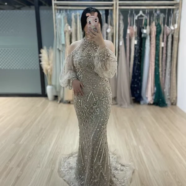 Эксклюзивное Карамельное вечернее платье с открытыми плечами и вырезом на шее расшитое бисером для торжественных случаев женщин MB40278