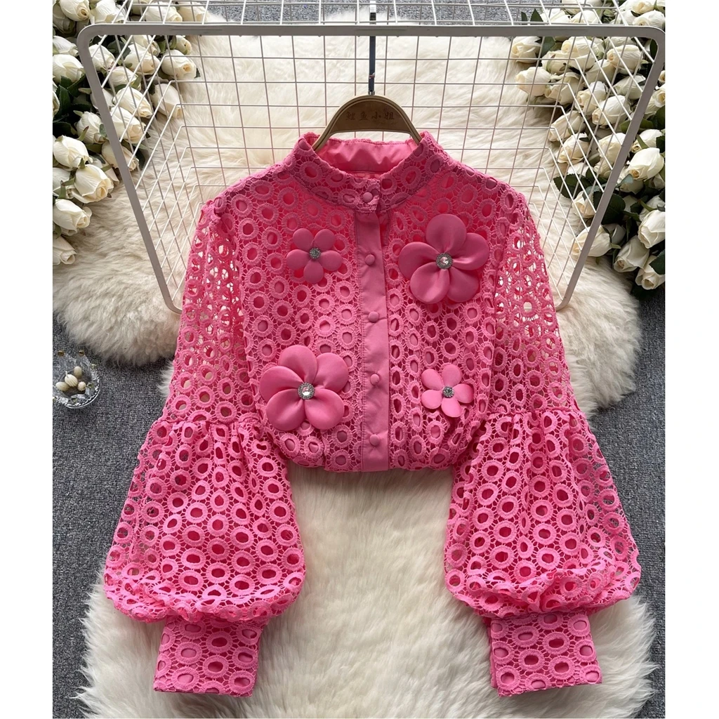ZHEZHE Lace Blouse Women 2024 New Spring French Bubble Sleeve Floral Peplum Long Sleeve Ladies Tops