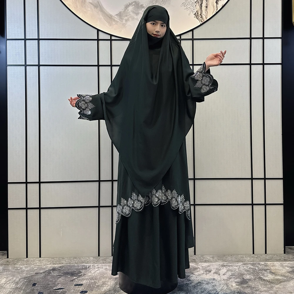 Jilbab Abaya Muslim Dress Embroidered Rhinestone Middle East Abaya Prayer Robe Plus Size Ramadan Eid Jilbab Khimar and Abaya Set