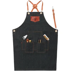 Fast delivery commercial kitchen server denim apron Unisex Adjustable Denim Barber bbq Kitchen cafe Apron With Pockets