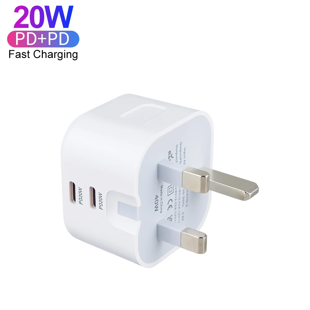 Charger UK Dual 20W USB C Port PD Fast Charger Type C Foldable Wall Charger UK Plug for iPhone 15 14 13 Pro Max