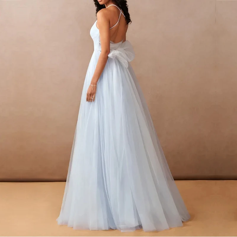 Custom Light Blue Floor Length Sleeveless Lace Elegant Women Party Dresses Long Evening Elegant