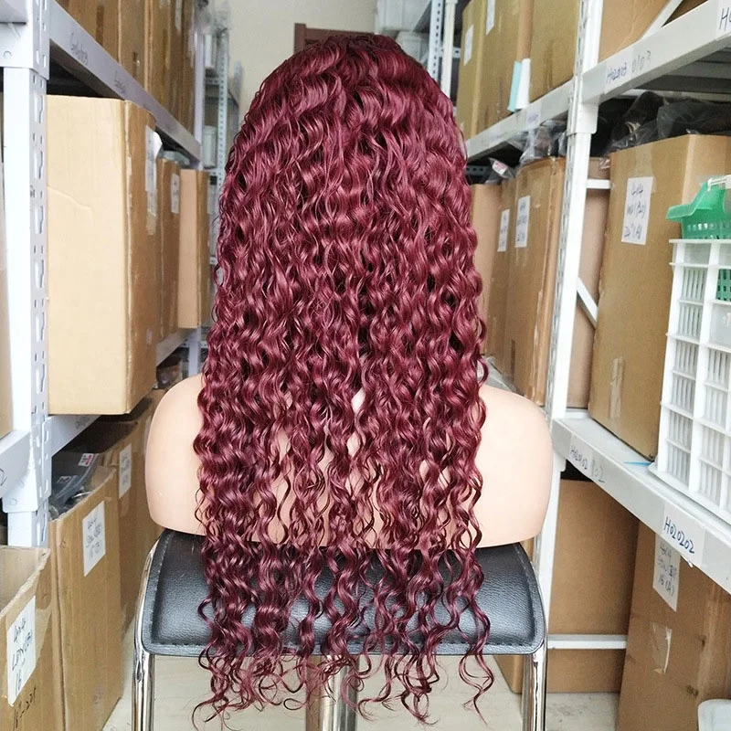 30 40 inch Deep wave 99j Burgundy  13x4 13x6 brazilian raw indian human hair Transparent ha lace front wigs for black women