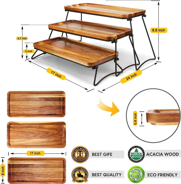 acacia wood foldable 3 tier serving tray for party