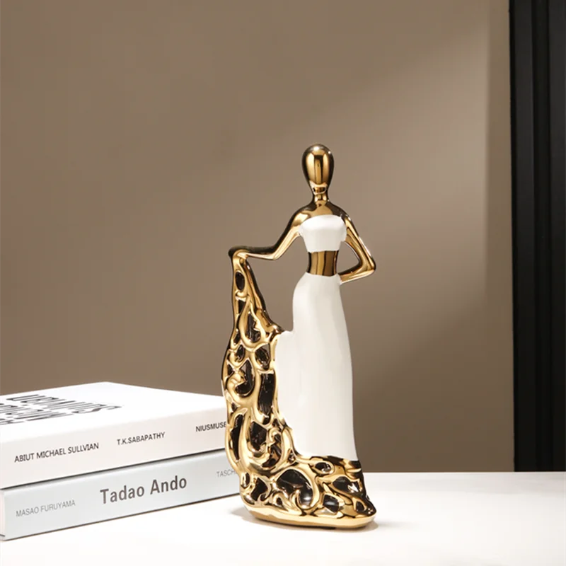 Luxury Nordic Style Gold-plated Dancer Girls Porcelain Ornament Room Decor Creative Ceramic Home Decoration For Christmas Gift