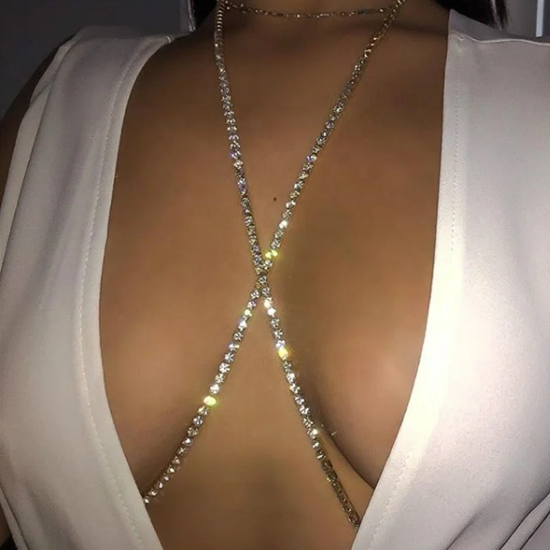 Sexy Rhinestone Cross Chest Bra Chain Top for Women Bling Crystal Waist Belly Body Chain Beach Bikini Jewelry