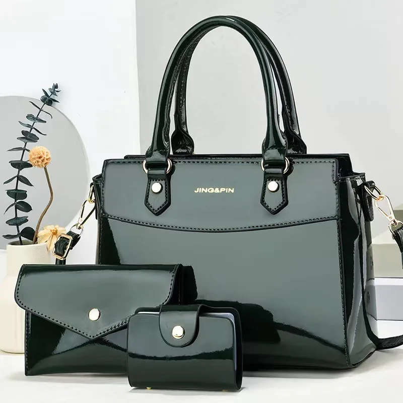 2024 Custom 3 in 1 Luxury Fashion Bright Surface Pu Leather Shoulder Bag Women Messenger Large-capacity Portable Lady Bag