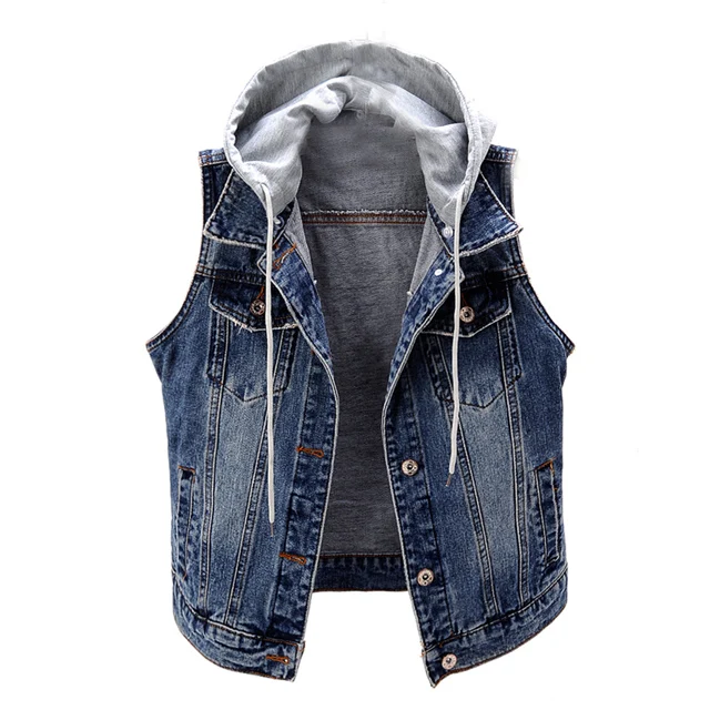 wholesale plus size custom slim short style cotton single buttons turn down collar hooded women sleeveless jacket denim vest