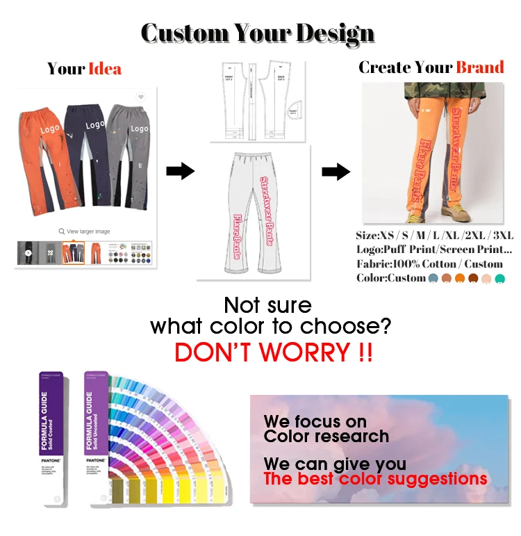 Dongguan City Streetwear Customized Logo Patchwork Joggers Stacked Sweat Pants 100% Cotton Terry Flare Sweatpants