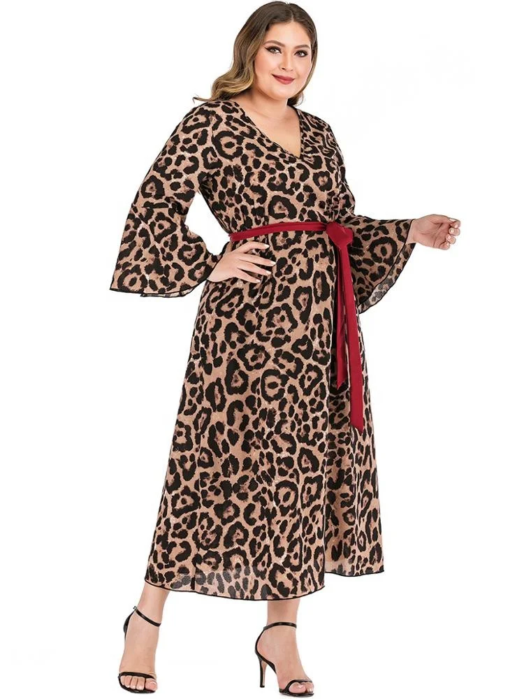 
Spring Women Loose Long Sleeve V Neck Red Tie Lace Up Sexy Plus Size Leopard Maxi Dress 