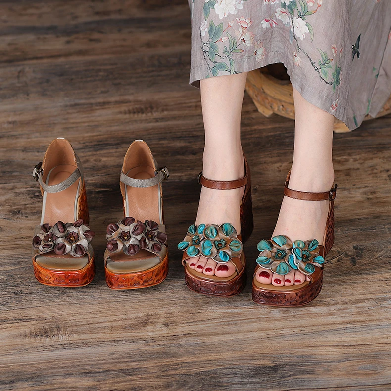 Genuine Leather Sandals Handmade Flowers Summer Shoes Woman Wedges High Heel Shoes Retro Ethnic Height Increasing Ladies Shoes
