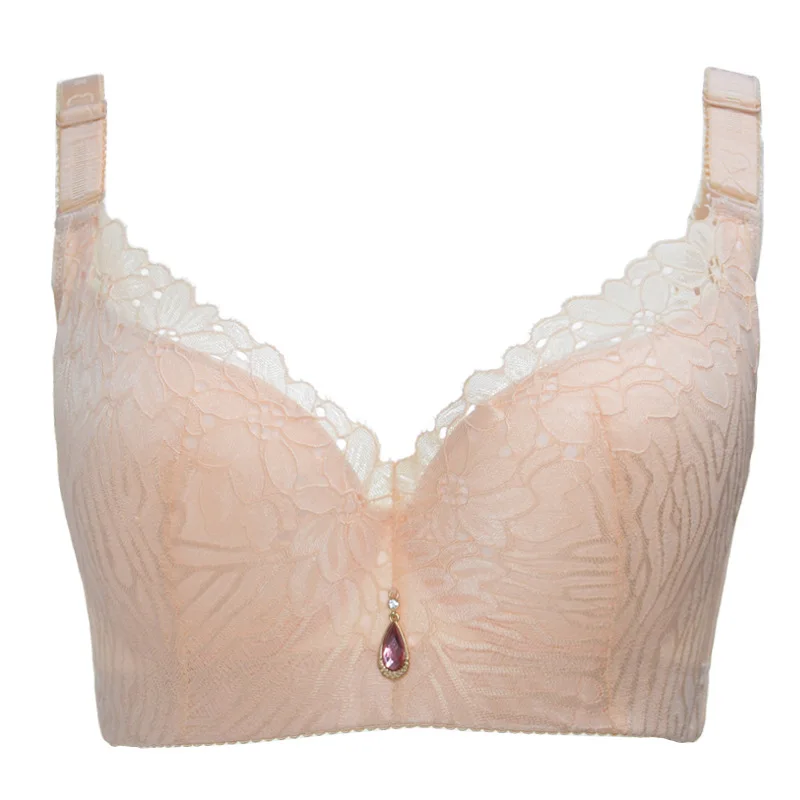 Sexy lace with steel ring large bra fat mm THIN adjustable gathered underwear closed bra