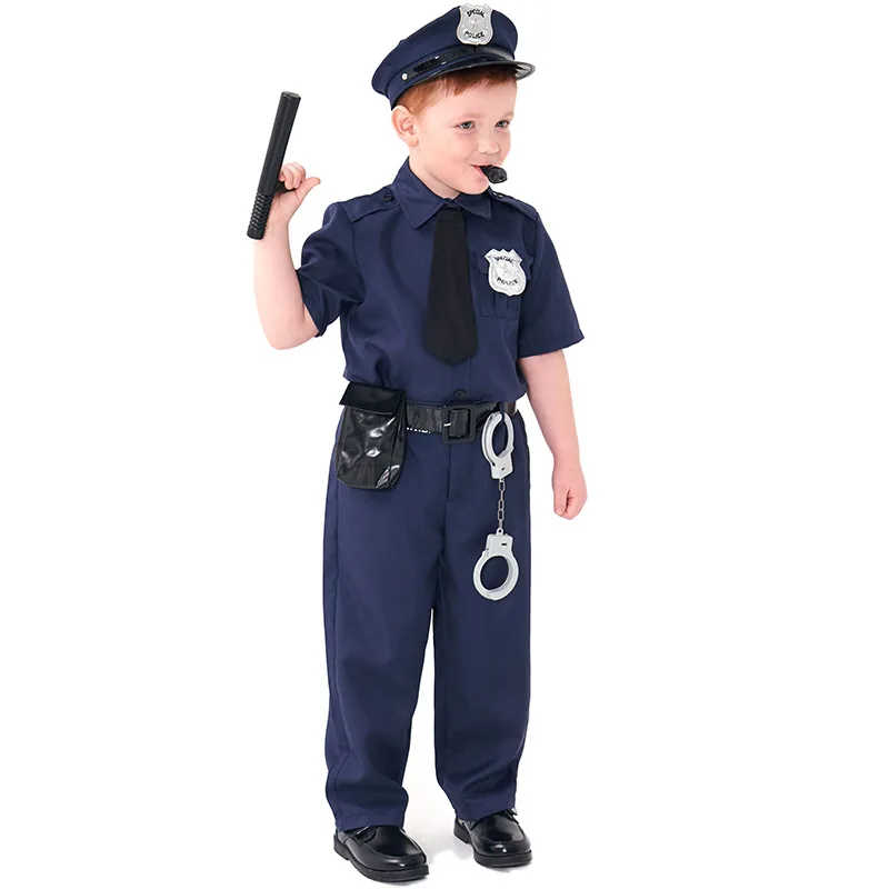 Hight Quality Police Officer Cosplay Cute Police Uniform Blue Suit With Hat Costume Halloween  Boy