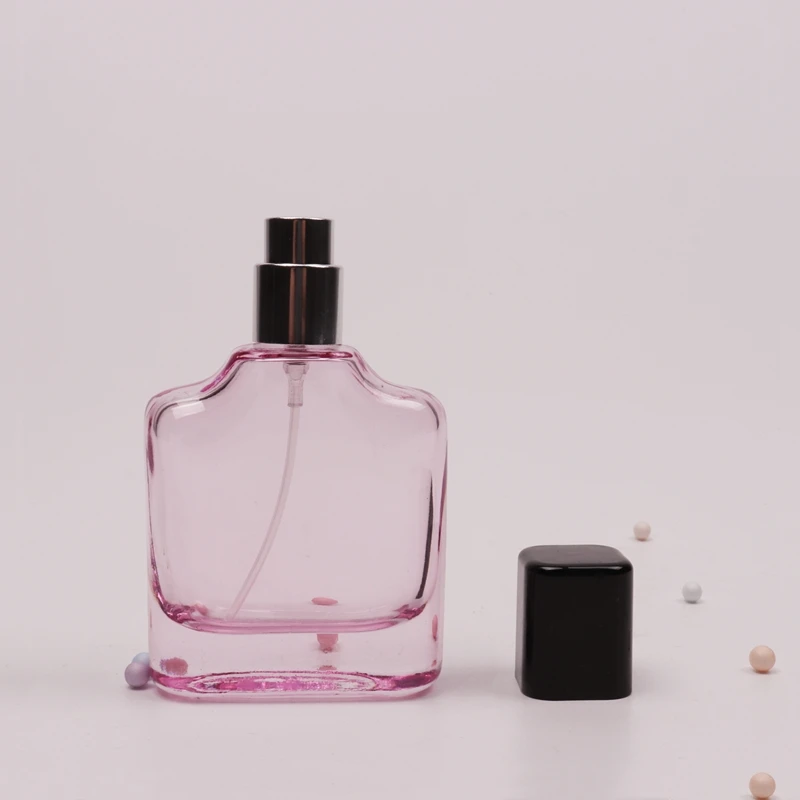 Custom spray color 30ML oblate empty flat glass perfume bottle with black lid