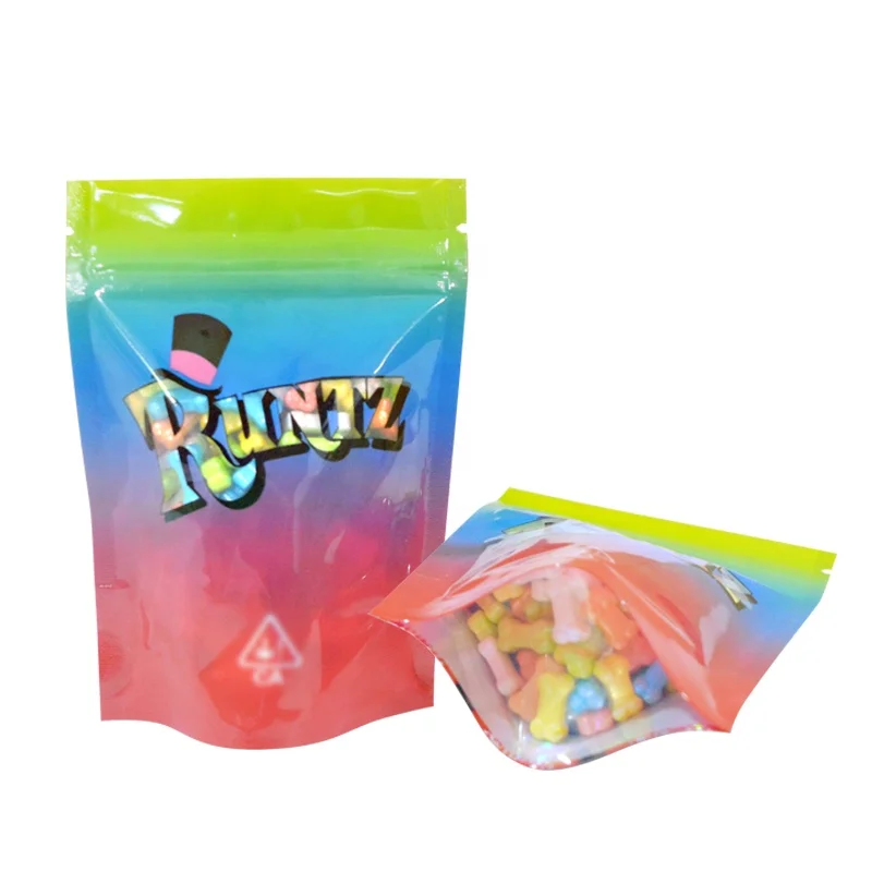 
100 PCS Laser Holographic Runtz Color Bag Stand Up Pouches Customized Printing CBD Candy Gummy Smell Proof Zipper 3.5g 28g Bags 