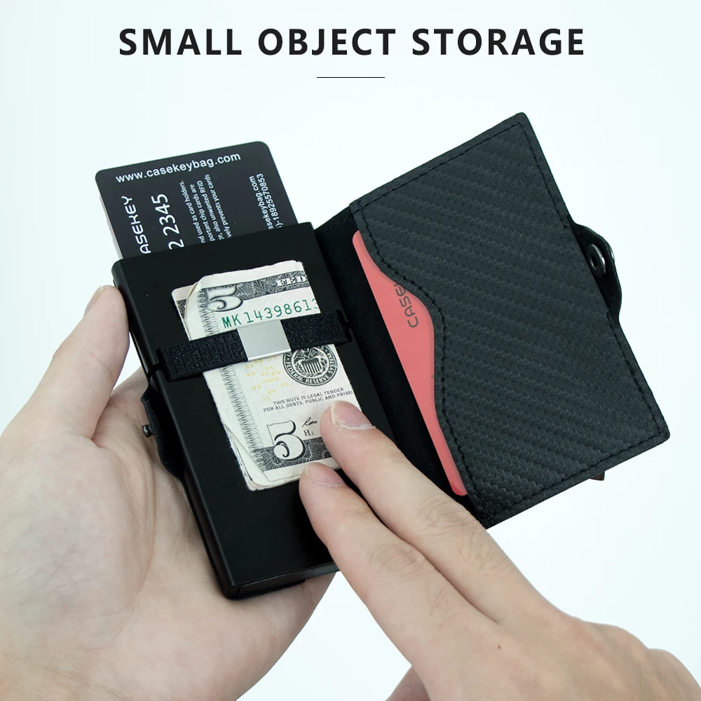 Casekey Custom Slim Carbon Fiber Wallet Middle Button Cartera Metal Credit Card Holder RFID Blocking Wallet with Zipper pocket