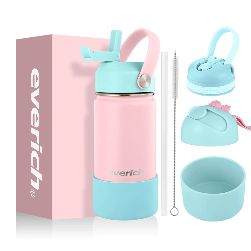 14oz Stainless Steel Kids Water Bottle Tumbler Thermos Mug Thermal Water Bottle with Straw Double Wall Vacuum Tumbler Leakproof
