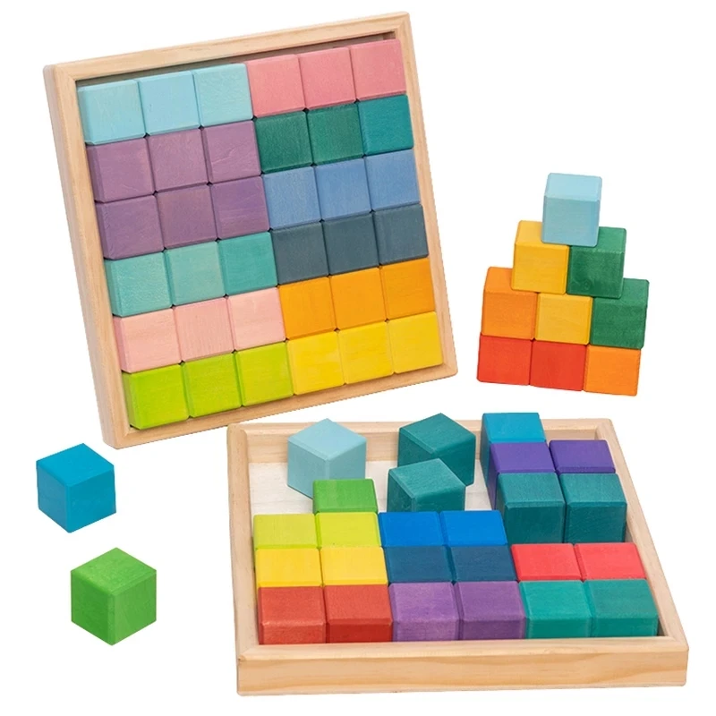Basswood Colorful Wood Constructor Blocks Toy Mosaic Square Large Basic rainbow wooden building blocks toys